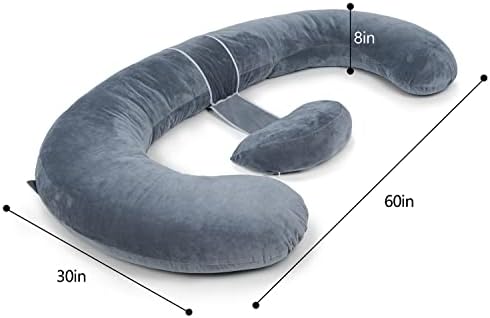 QUEEN ROSE E Shaped Pregnancy Pillow with Detachable Wedge Grey Velvet Cover 60in