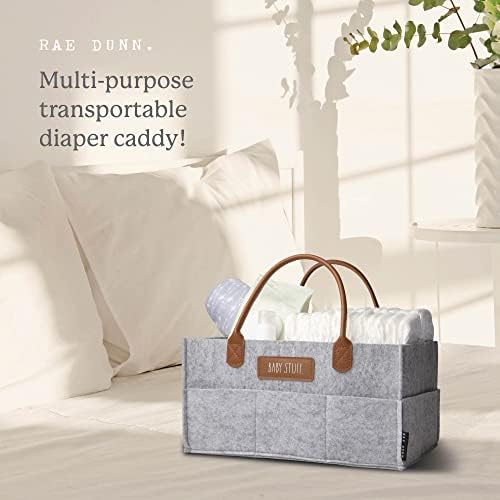 Rae Dunn Baby Diaper Caddy Organizer Grey Felt With Leather Handles