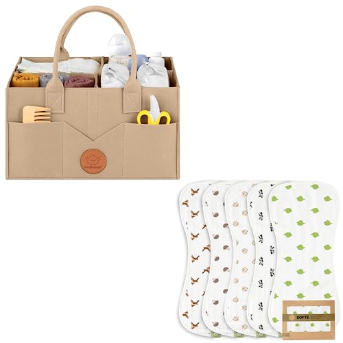 KeaBabies Diaper Caddy Organizer with 5-Pack Burp Cloths - Bamboo Cotton