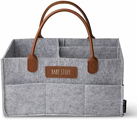 Rae Dunn Baby Diaper Caddy Organizer Grey Felt With Leather Handles