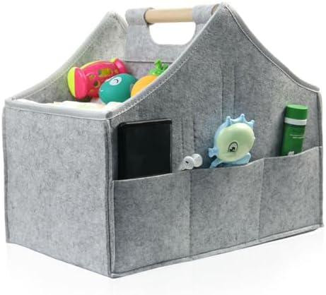 Baby Diaper Caddy Organizer with Solid Wood Handle and Detachable Pockets Grey