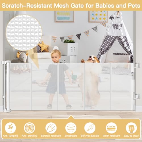 Stcockis 28 Inch Tall Retractable Dog Gate with Support Rods