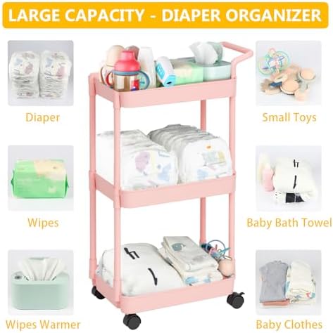 Volnamal Baby Diaper Caddy Cart - Pink Movable Easy to Assemble