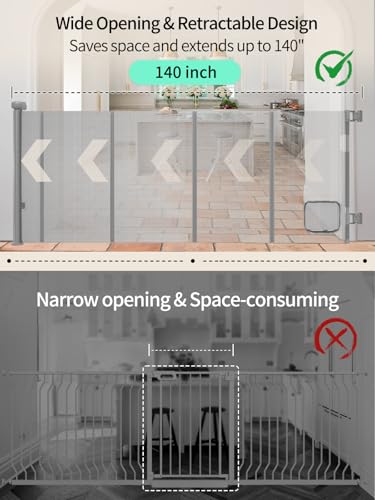 Retractable Baby Gate with Cat Door - 140 Wide 33 Tall Gray
