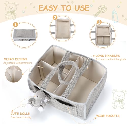 Teenyyou 2 Pcs Baby Diaper Caddy Organizers with Handle and Doll Ornament - Gray
