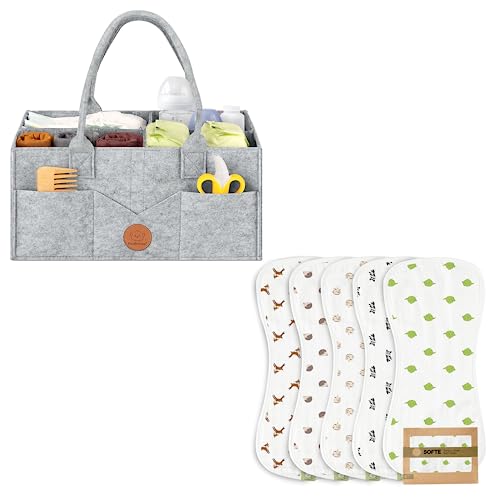 KeaBabies Diaper Caddy Organizer with 5 Muslin Burp Cloths