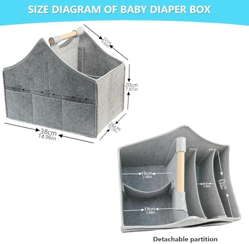 Baby Diaper Caddy Organizer with Solid Wood Handle and Detachable Pockets Grey