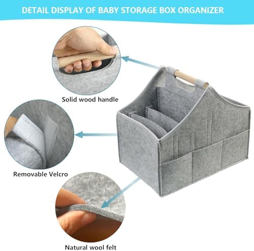Baby Diaper Caddy Organizer with Solid Wood Handle and Detachable Pockets Grey