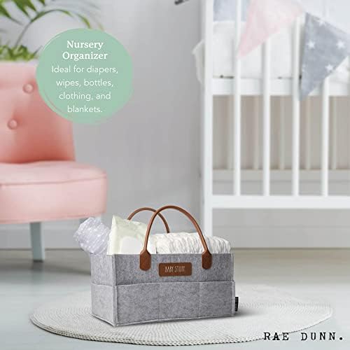 Rae Dunn Baby Diaper Caddy Organizer Grey Felt With Leather Handles