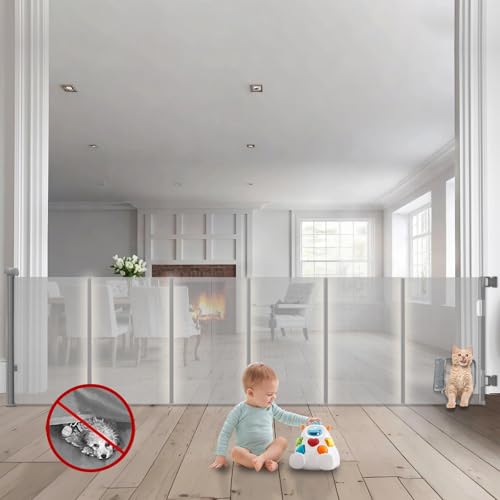 Retractable Baby Gate with Cat Door - 140 Wide 33 Tall Gray