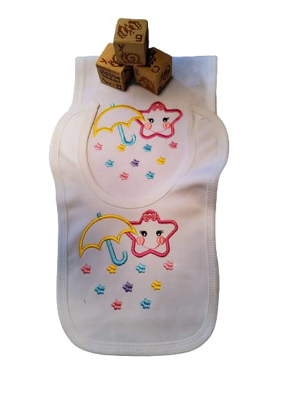 Stars and Umbrella Custom Embroidered Bib and Burp Cloth Set