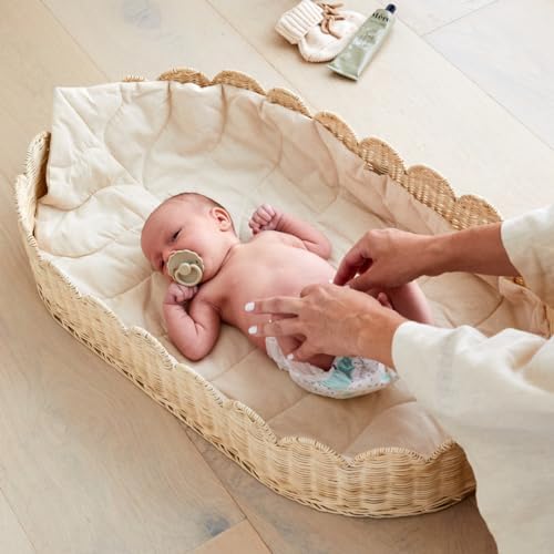Premium Baby Diaper Caddy Organizer - Natural Scalloped Rattan 1