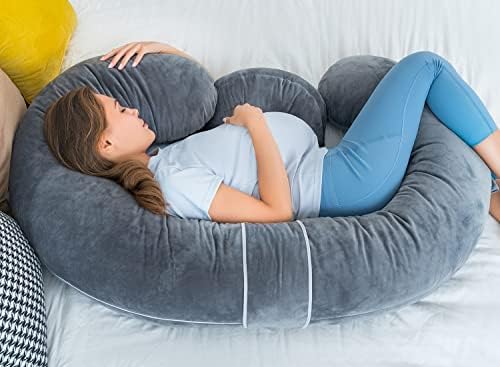 QUEEN ROSE E Shaped Pregnancy Pillow with Detachable Wedge Grey Velvet Cover 60in
