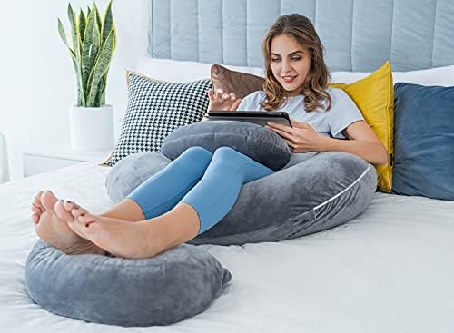 QUEEN ROSE E Shaped Pregnancy Pillow with Detachable Wedge Grey Velvet Cover 60in