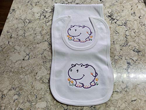 Happy Hippo Custom Embroidered Bib and Burp Cloth Set 1