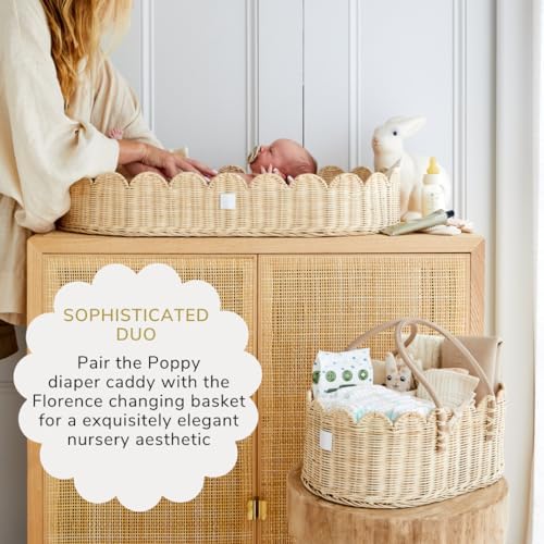 Premium Baby Diaper Caddy Organizer - Natural Scalloped Rattan 1