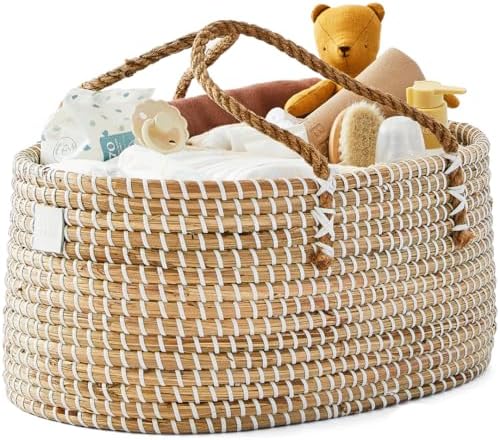 Premium Baby Diaper Caddy Organizer - Handmade Seagrass Basket