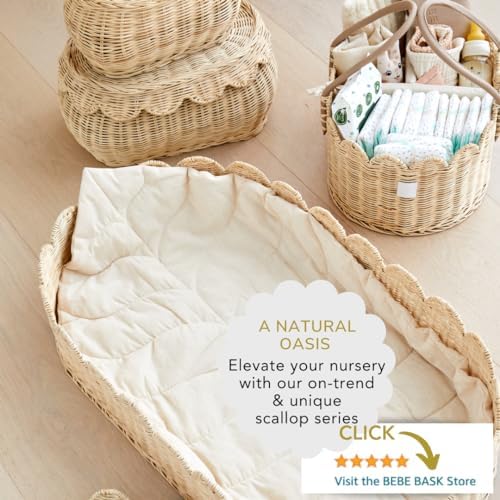 Premium Baby Diaper Caddy Organizer - Natural Scalloped Rattan 1