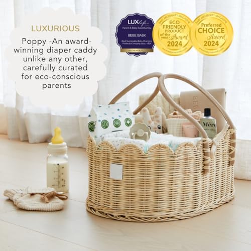 Premium Baby Diaper Caddy Organizer - Natural Scalloped Rattan 1