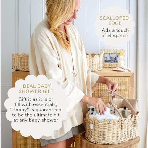 Premium Baby Diaper Caddy Organizer - Natural Scalloped Rattan 1
