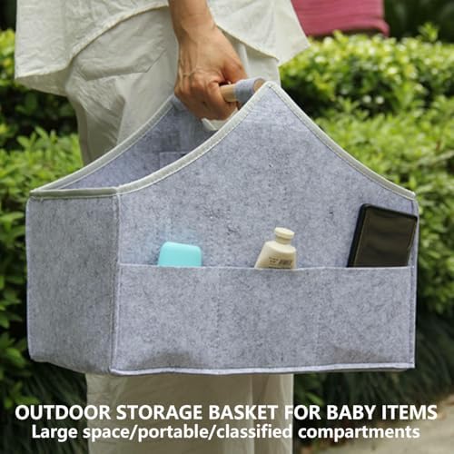 Baby Diaper Caddy Organizer with Solid Wood Handle and Detachable Pockets Grey