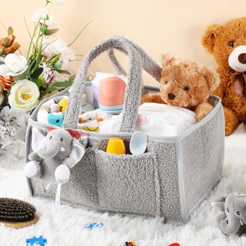 Teenyyou 2 Pcs Baby Diaper Caddy Organizers with Handle and Doll Ornament - Gray