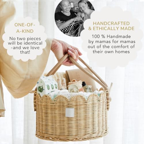 Premium Baby Diaper Caddy Organizer - Natural Scalloped Rattan 1