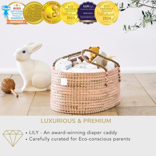 Premium Pink Baby Diaper Caddy - Handmade Seagrass Organizer