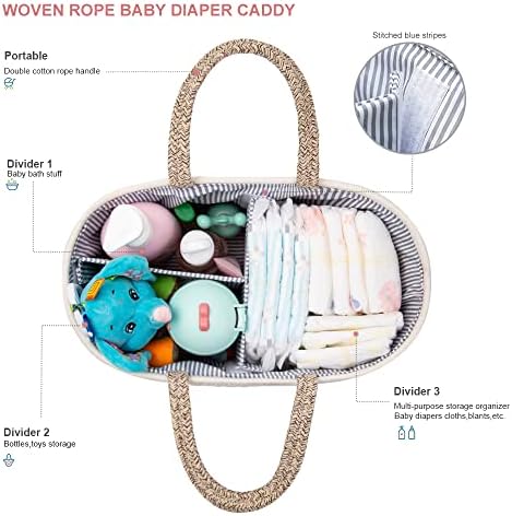 YeaYee Baby Diaper Caddy Organizer 14x8x7 Inch Cotton Basket with 3 Removable Dividers
