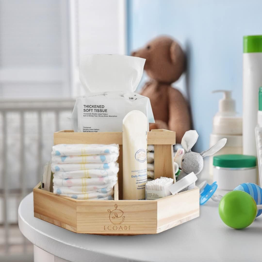 ECOADE Rotating Wooden Diaper Caddy with Dividers 1
