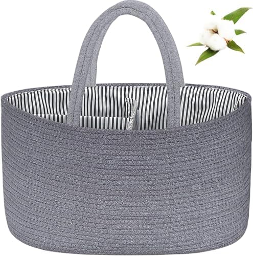 ABenkle X-Large Diaper Caddy Organizer Grey Boho Rustic Cotton Rope Baby Basket