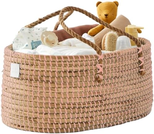 Premium Pink Baby Diaper Caddy - Handmade Seagrass Organizer