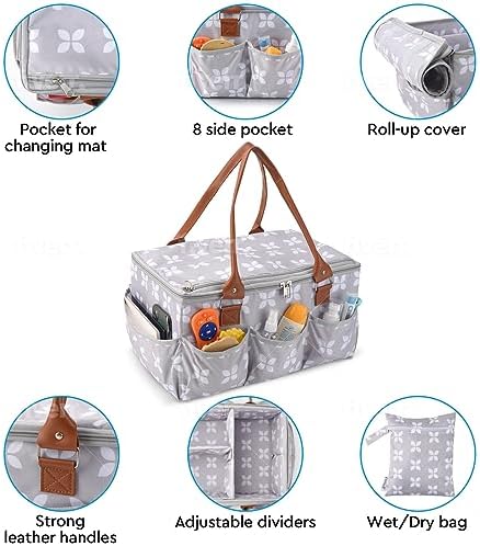 Moteph Diaper Caddy Organizer - Large Grey with Changing Mat and Lid