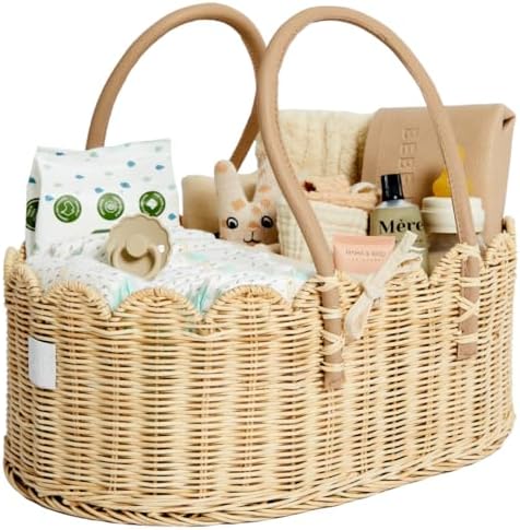Premium Baby Diaper Caddy Organizer - Natural Scalloped Rattan 1