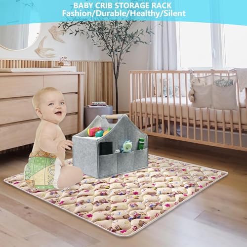 Baby Diaper Caddy Organizer with Solid Wood Handle and Detachable Pockets Grey