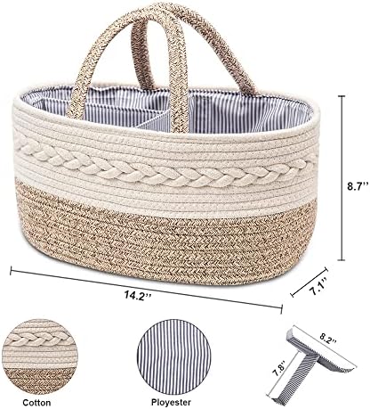 YeaYee Baby Diaper Caddy Organizer 14x8x7 Inch Cotton Basket with 3 Removable Dividers