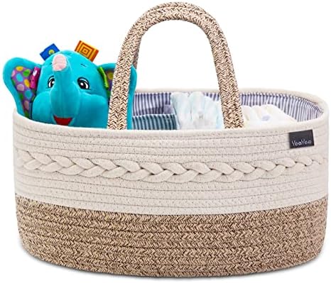 YeaYee Baby Diaper Caddy Organizer 14x8x7 Inch Cotton Basket with 3 Removable Dividers