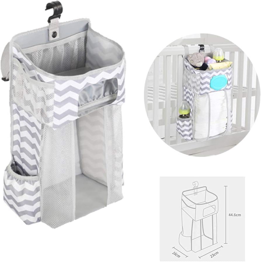 Hanging Diaper Caddy for Crib Playard Gray White