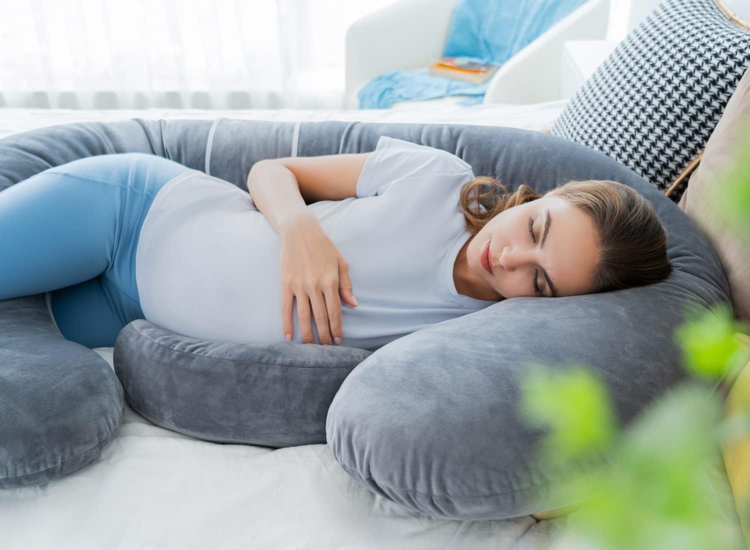 QUEEN ROSE E Shaped Pregnancy Pillow with Detachable Wedge Grey Velvet Cover 60in