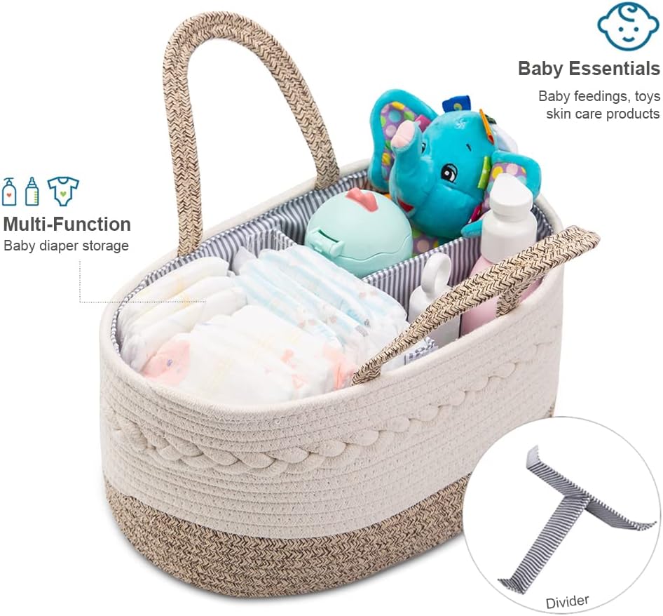 YeaYee Baby Diaper Caddy Organizer 14x8x7 Inch Cotton Basket with 3 Removable Dividers