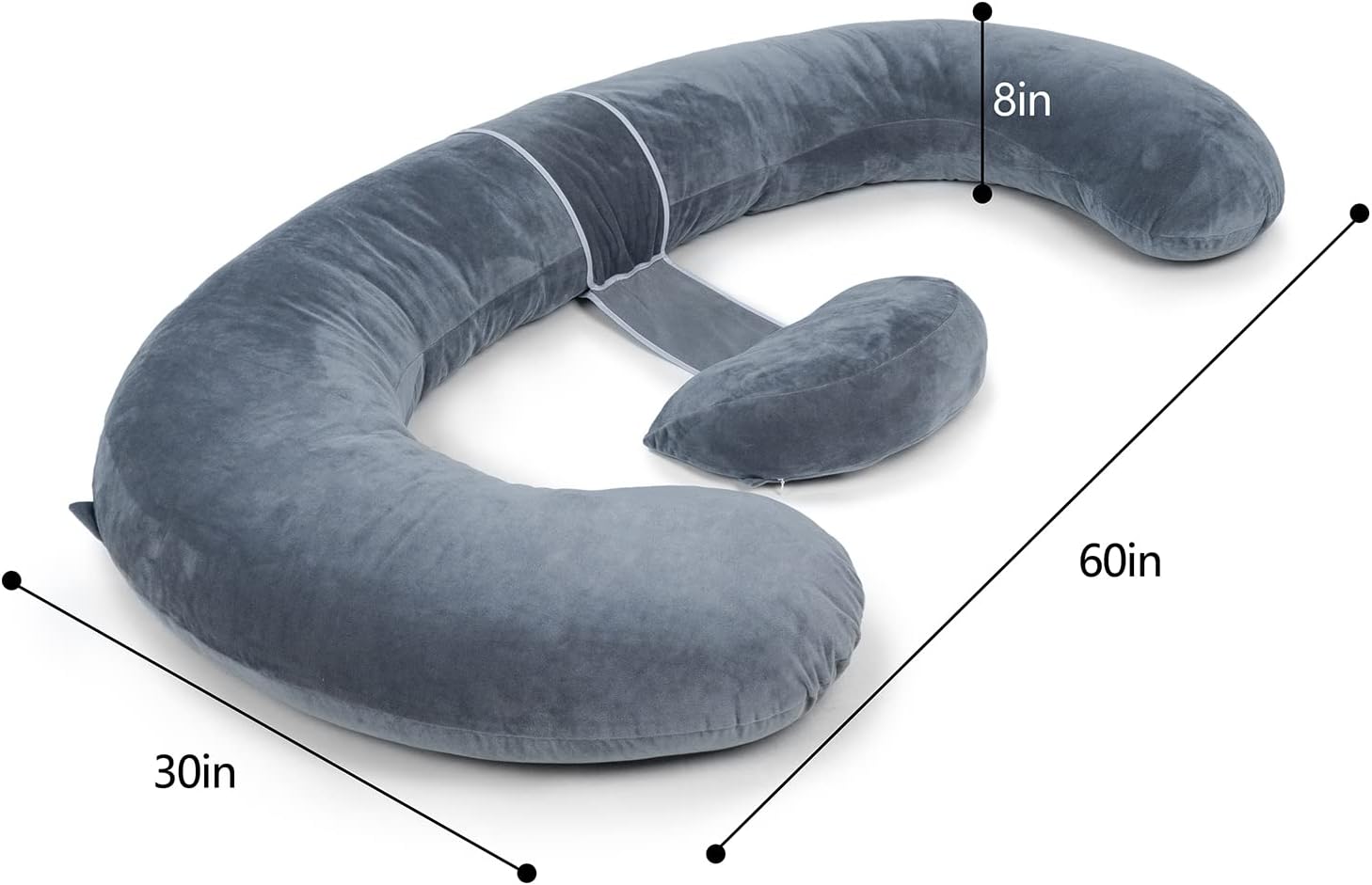 QUEEN ROSE E Shaped Pregnancy Pillow with Detachable Wedge Grey Velvet Cover 60in