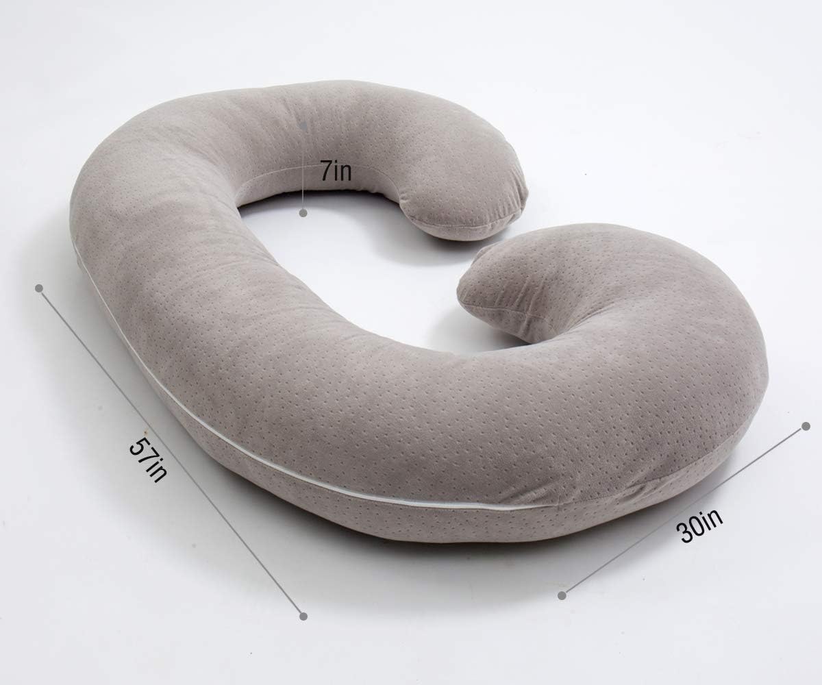 C Shaped Pregnancy Pillowcase - Breathable Velour Cover with Zipper Grey