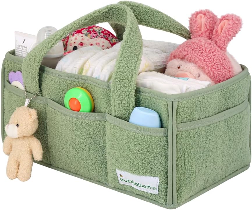 BuzzBloom Baby Teddy Diaper Caddy Organizer Sage 1