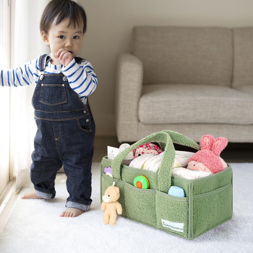 BuzzBloom Baby Teddy Diaper Caddy Organizer Sage 1