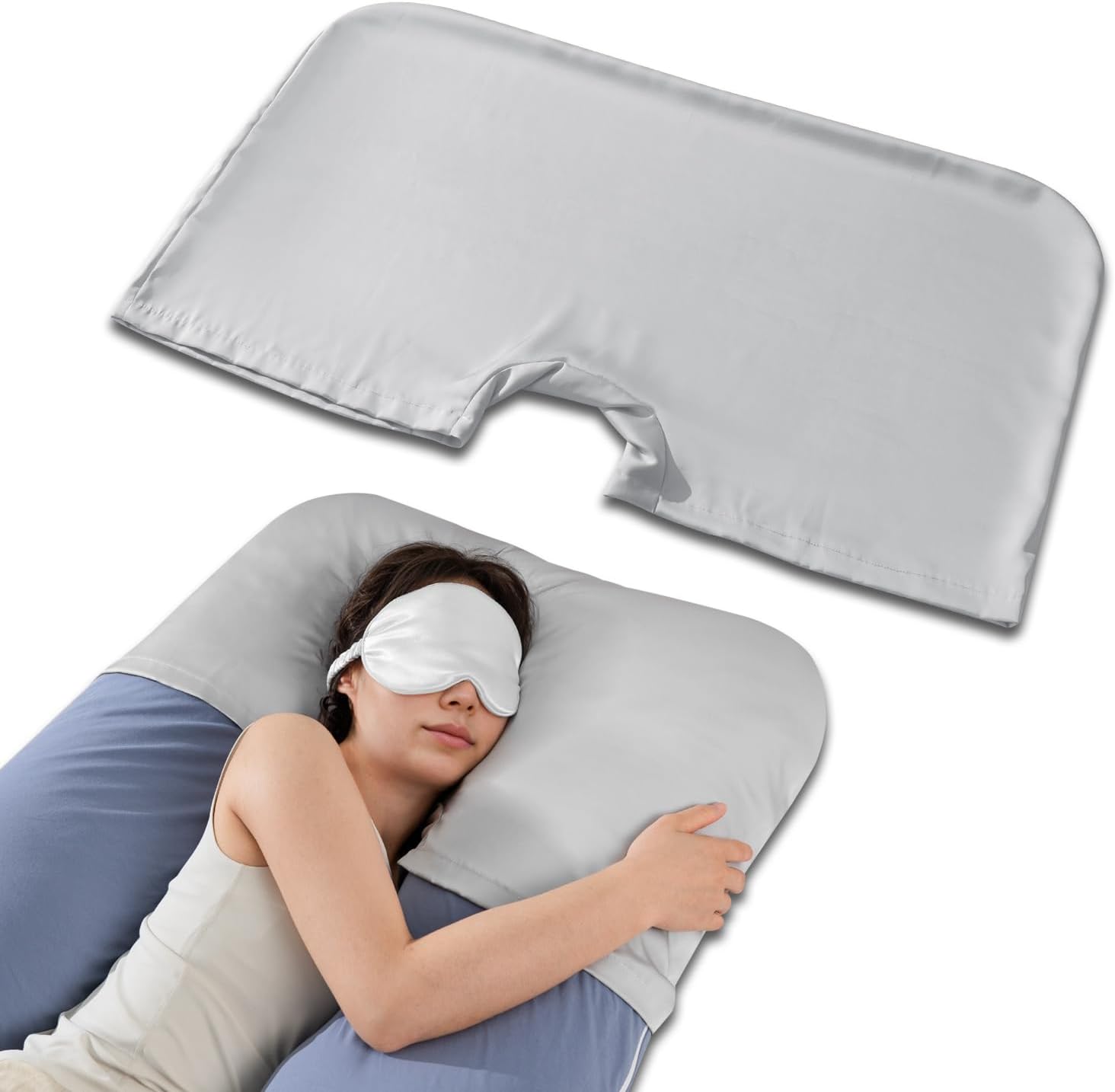 QUEEN ROSE Cooling Satin Pregnancy Pillow Cover Fits U C Shaped Pillows Grey