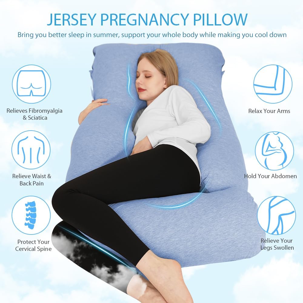 Chilling Home U-Shaped Pregnancy Pillow with Removable Cover Blue-Jersey 58 Inch