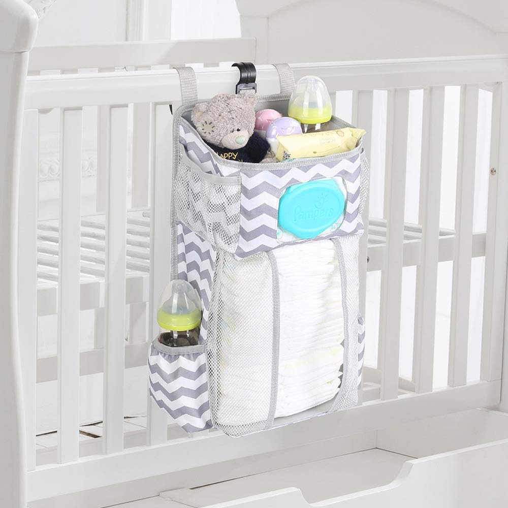 Hanging Diaper Caddy for Crib Playard Gray White