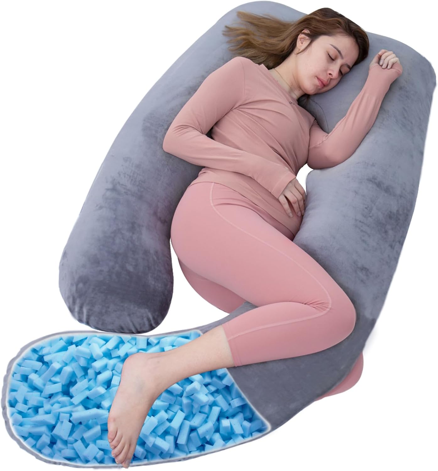 AS AWESLING Shredded Memory Foam U-Shaped Body Pillow with Velvet Cover