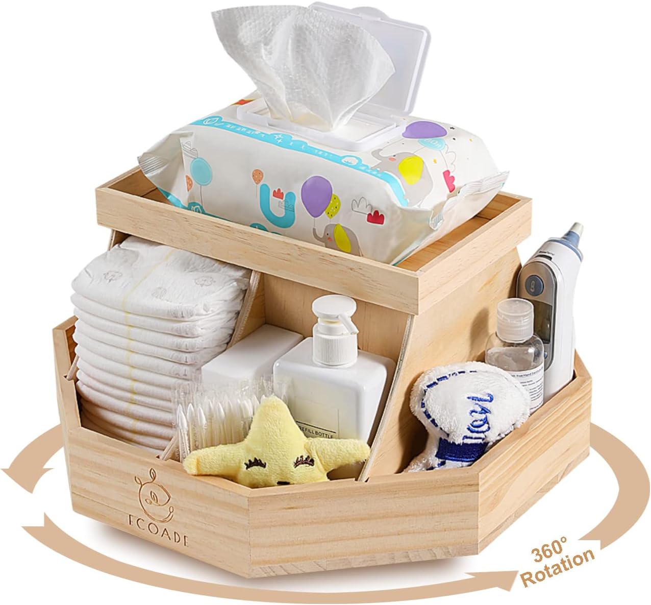 ECOADE Rotating Wooden Diaper Caddy with Dividers 1