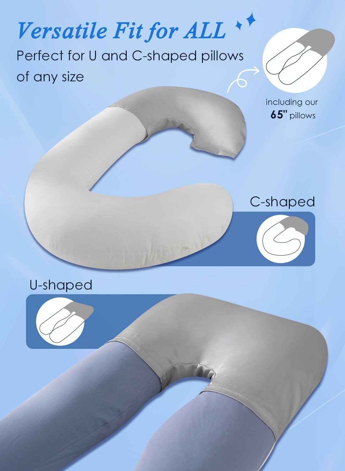 QUEEN ROSE Cooling Satin Pregnancy Pillow Cover Fits U C Shaped Pillows Grey